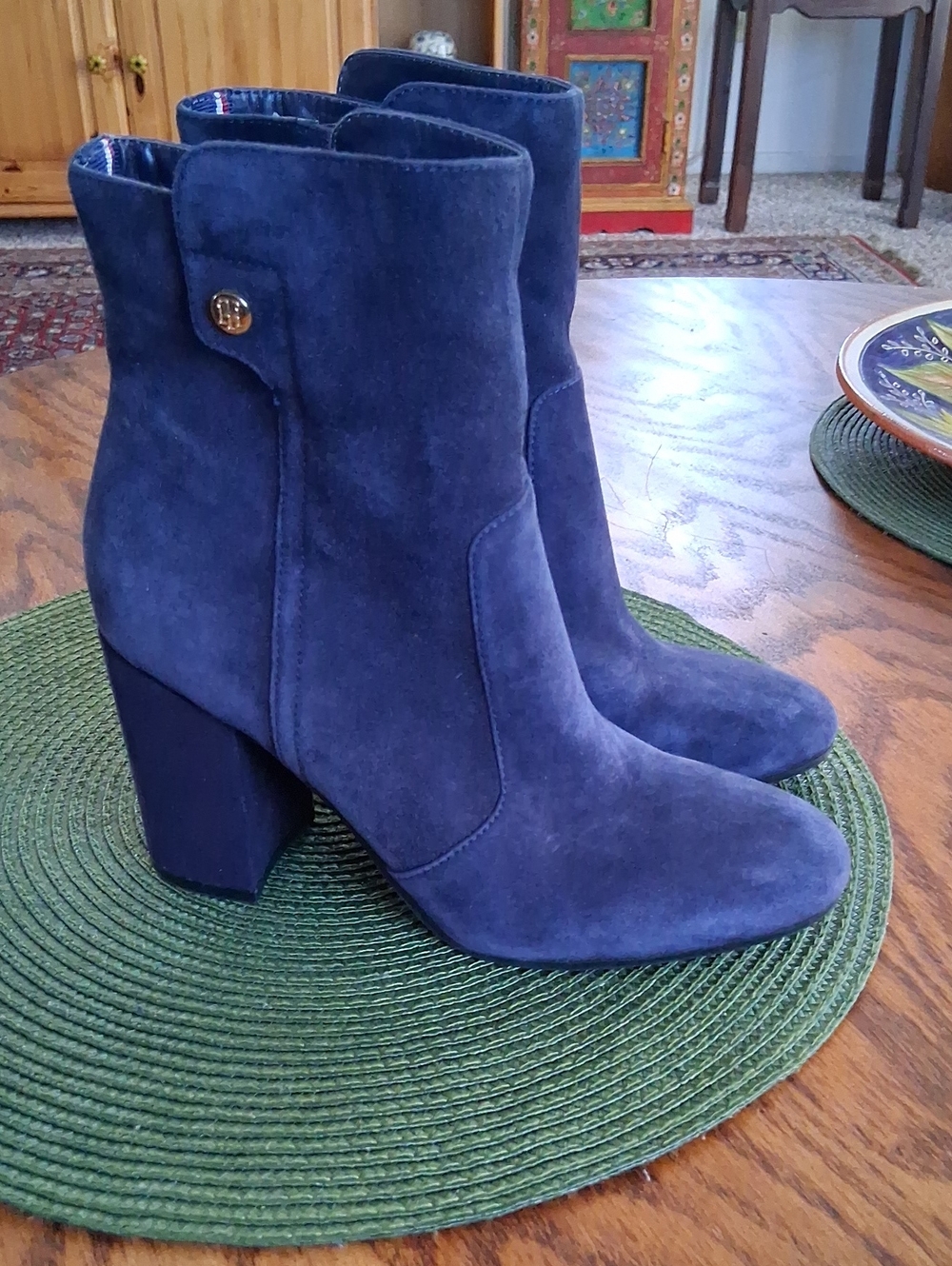 Tommy Hilfiger Navy Blue Suede Block Heeled Ankle Boots Size 6